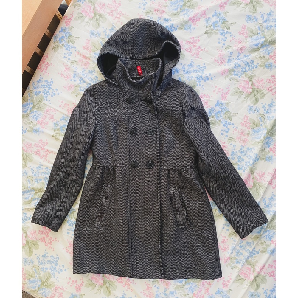 H&M Grey Herringbone Wool Coat w/ Removable Hood